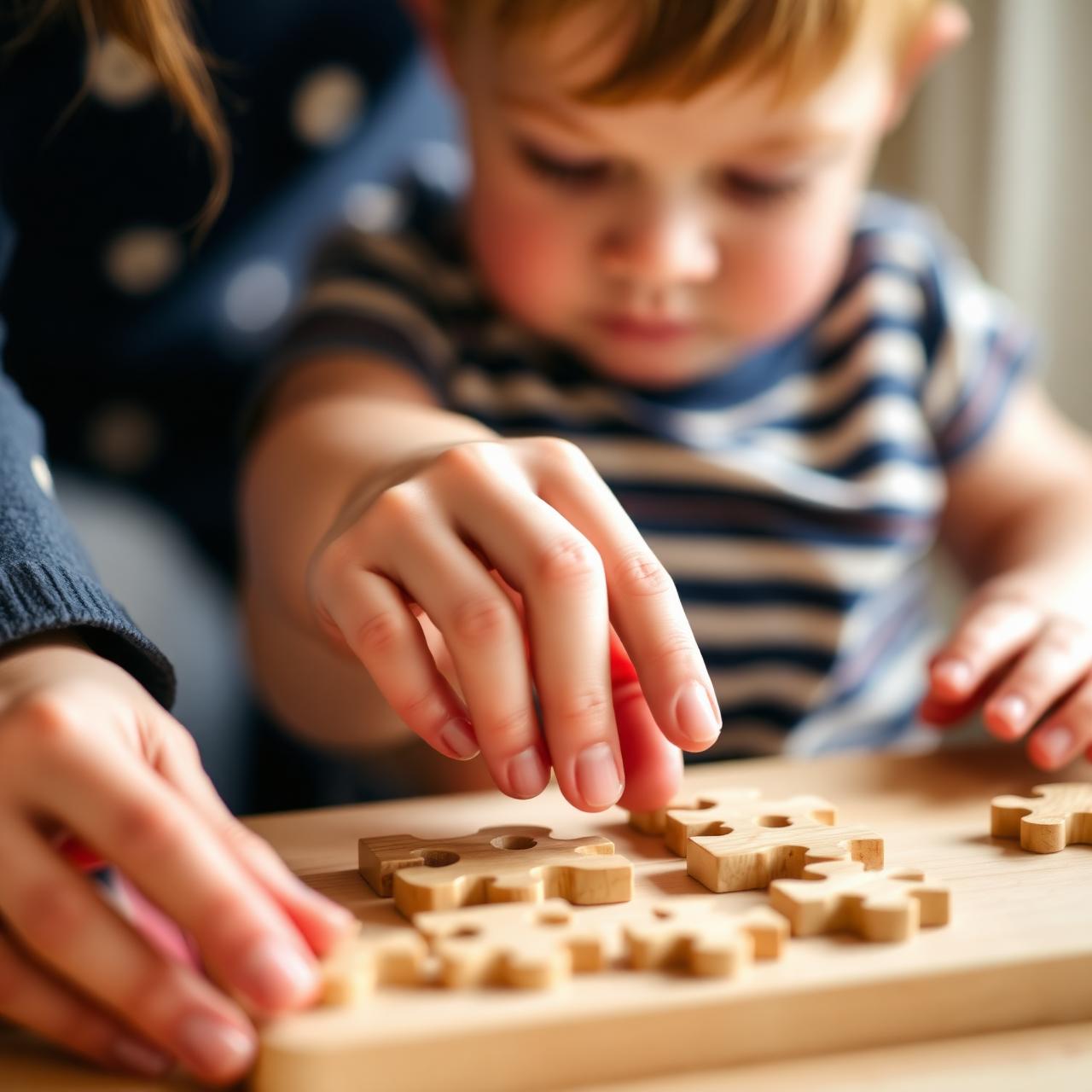 Teacher guiding a child with a wooden puzzle
